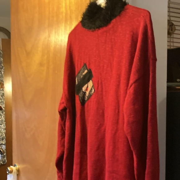 Furry Collar Bright Red Sweater Structured Chaos size large - Picture 7 of 8